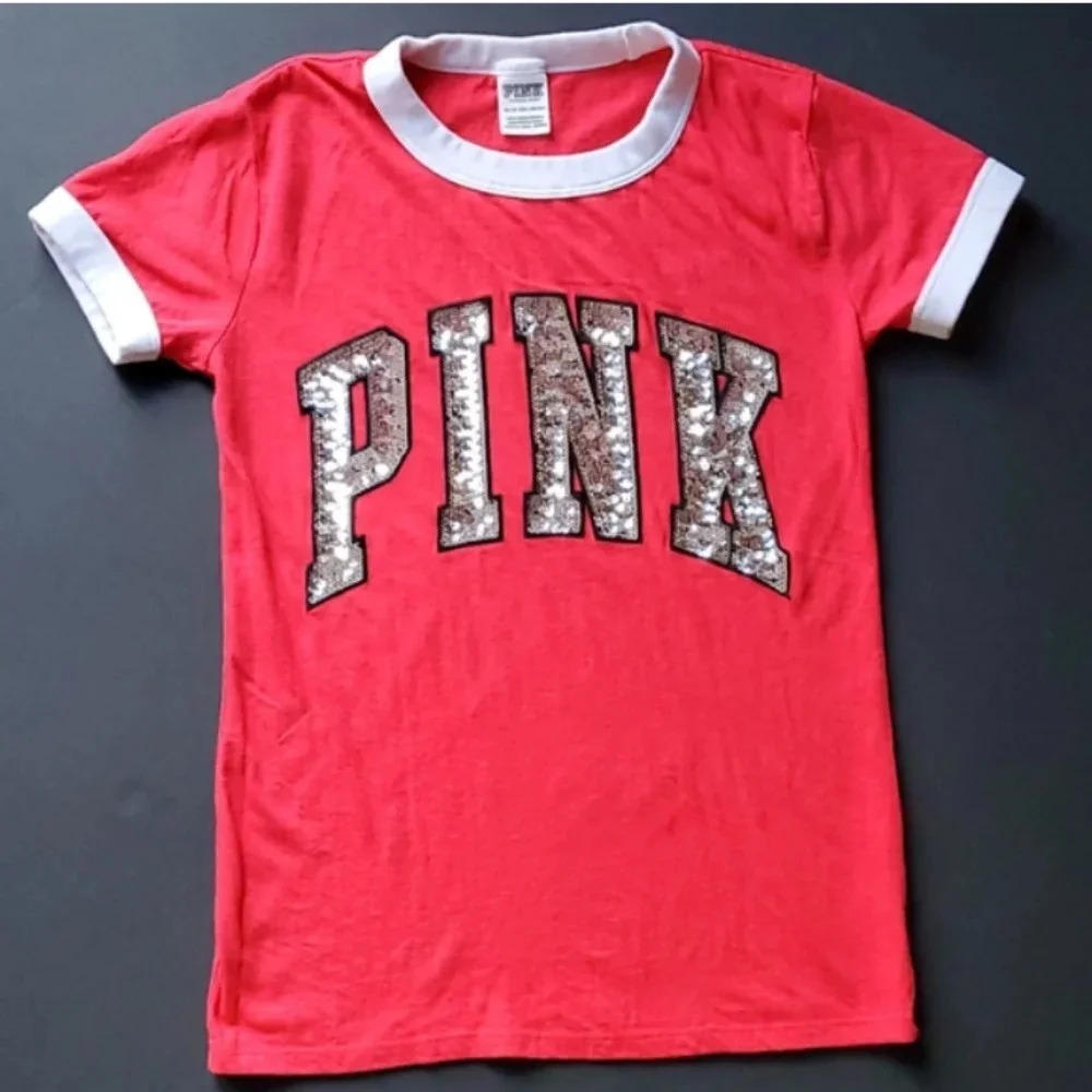 Victoria's Secret Pink red bling baseball t shirt top size xs small - Picture 1 of 4
